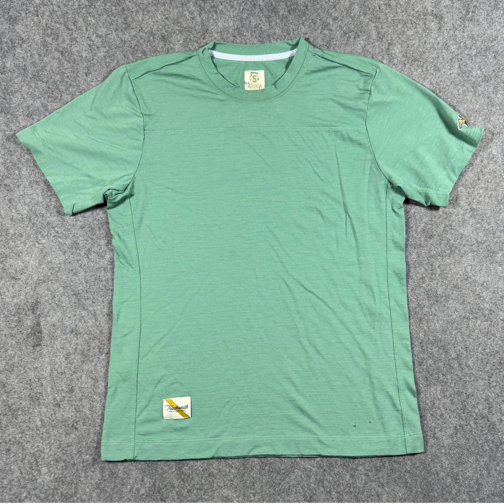Tracksmith Running Shirt Mens S Green Short Sleeve Performance Logo Merino Wool
